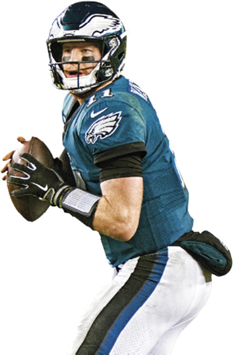 CARSON WENTZ
Age: 28 In 2017 a torn ACL ended an MVP campaign. (Nick Foles led Philly to a title.) The Eagles gave him a big contract in 2019 but ended up benching him last December.